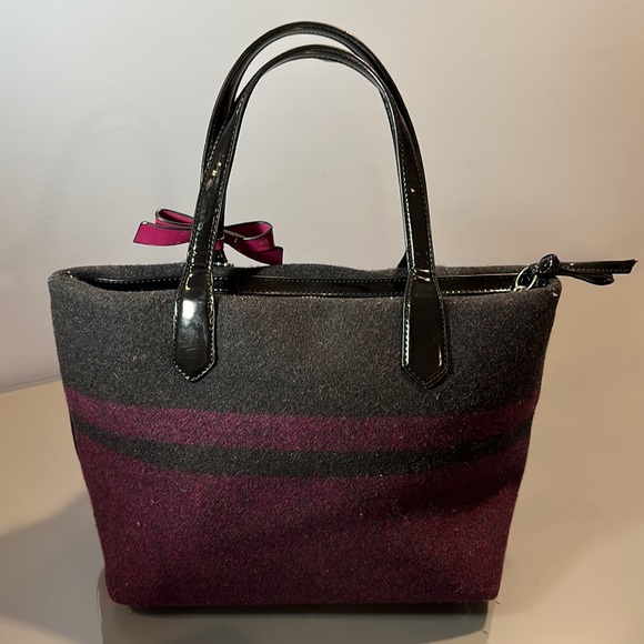 Coach Signature Wool Stripe Black Gray Berry Purple Satchel Bag - Picture 2 of 6